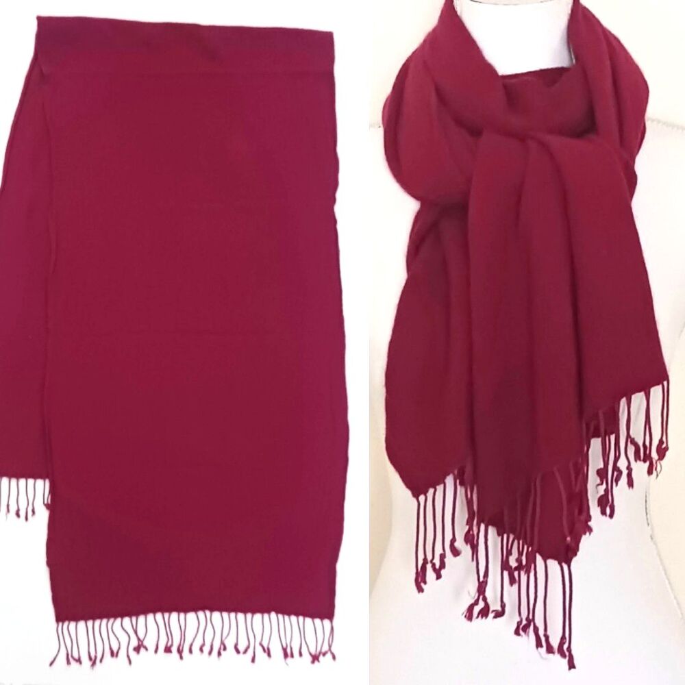 Joolay Cashmere Silk Blend Scarf/Wrap Cranberry Soft Knit Fringe Edge 18X36